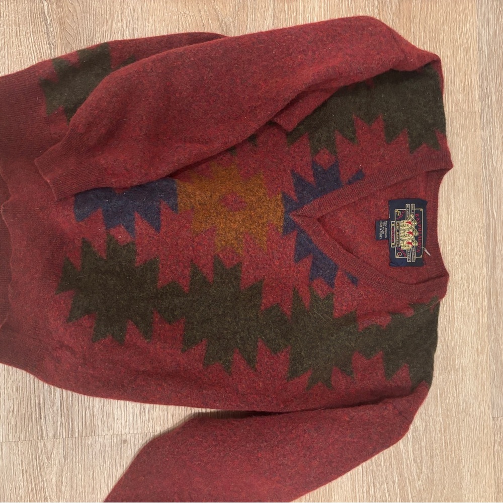 Ralph Lauren Red and Brown Patterned V-Neck Sweater